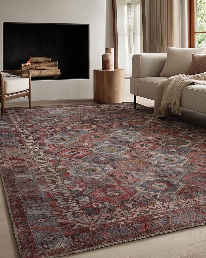 Kuden 9x12 Large Area Rug, Machine Washable Area Rug with Non-Slip Backing, Vintage Style, Soft, Easy Clean, Low Pile Rug for Living Room, Bedroom, Dining Room