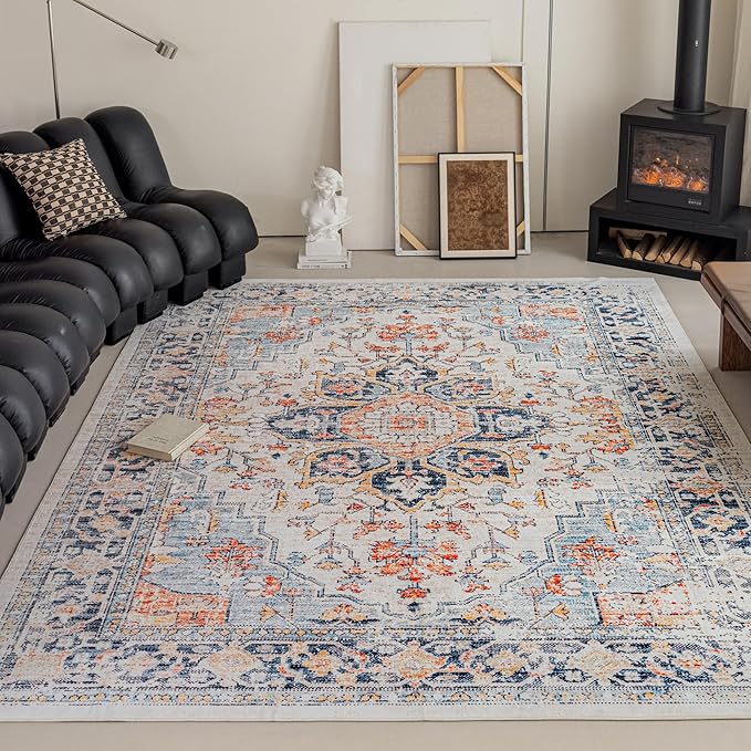 VK VK·LIVING 5x7 Area Rug Washable Rugs for Living Room Rug Vintage Design Boho 5x7 Rug with Non Slip Living Room Rug Bedroom Carpet Stain Resistant, Home Decor, Blue&Orange