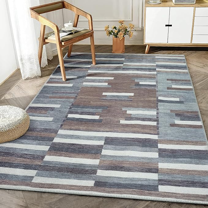Bloom Rugs Washable Non-Slip 6' x 9' Rug - Blue/Brown Striped Area Rug for Living Room, Bedroom, Dining Room, and Kitchen - Exact Size: 6' x 9'
