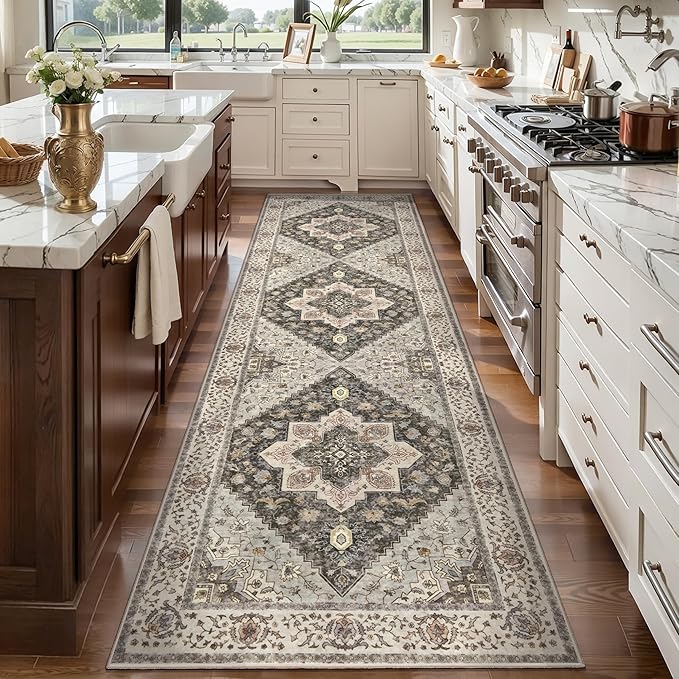 Tangsoo 3x8 Runner Rug for Hallway Long Washable Hallway Runner Rugs, Non Slip Vintage Soft Low Pile Rug Runner, Indoor 8ft Carpet Runners for Kitchen Bedroom Entryway Living Room Grey