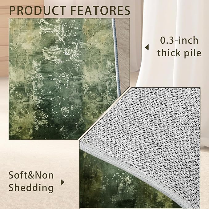 Green Vintage Distressed Carpet for Living Room, 5x7 Non-Slip Washable Low Pile Abstract Design Rug, Space Saving Area Rug for Bedroom, Dining Room