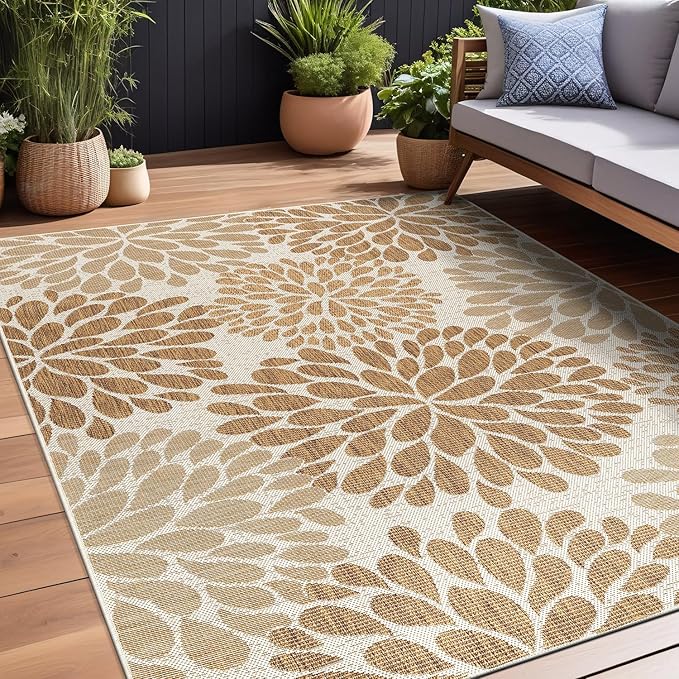 Beverly Rug Outdoor Rug 5x7 Modern Exotic Tropical Leaf Area Rugs for Indoor and Outdoor Patio Deck Porch Garden Water Resistant Washable Outside Carpet (5 x 7 Beige)