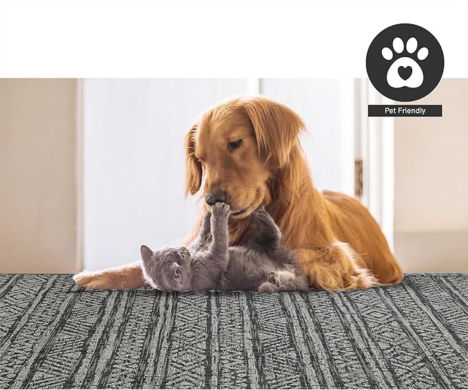 FH Home Flat Woven Outdoor Rug - Waterproof, Easy to Clean, Stain Resistant - Premium Polypropylene Yarn - Striped Boho - Large Patio, Deck, Sunroom - Amman - Charcoal - 7ft 10in x 10ft 9in