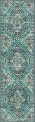 Bavni Runner Rug 2x10 Kitchen Rugs for Hallways Entryway, Washable Vintage Print Carpet, Ultra-Thin Chenille Low Pile Lightweight Rug with Non Slip Backing, Blue/Green