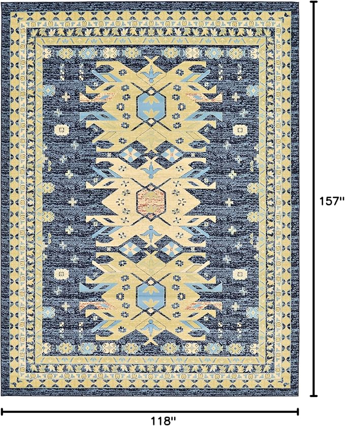 Unique Loom Taftan Collection Border Geometric Tribal Inspired Design Area Rug (9' 10 x 13' 0 Rectangular, Navy Blue/ Gold)