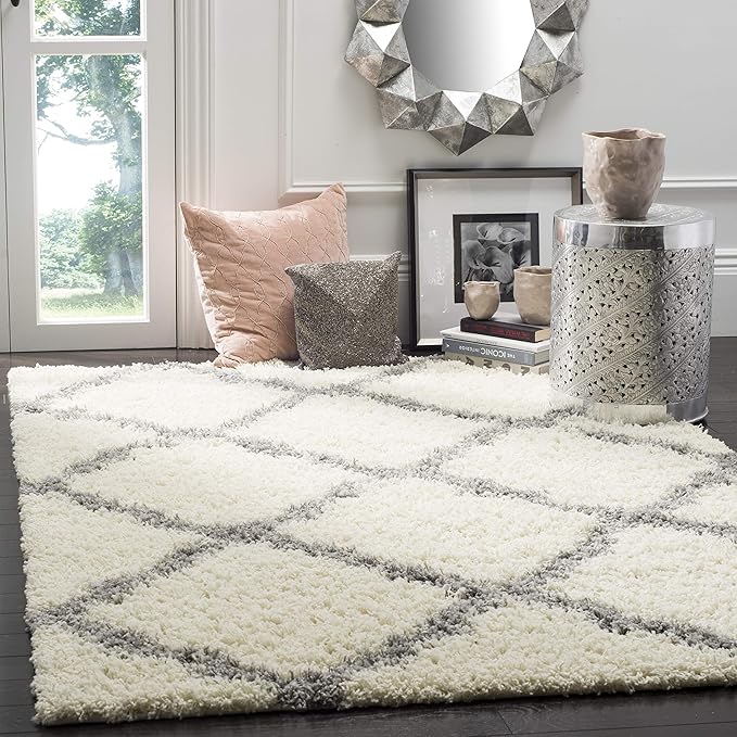 SAFAVIEH Dallas Shag Collection Area Rug - 6' Square, Ivory & Grey, Trellis Design, Non-Shedding & Easy Care, 1.5-inch Thick Ideal for High Traffic Areas in Living Room, Bedroom (SGD257F)