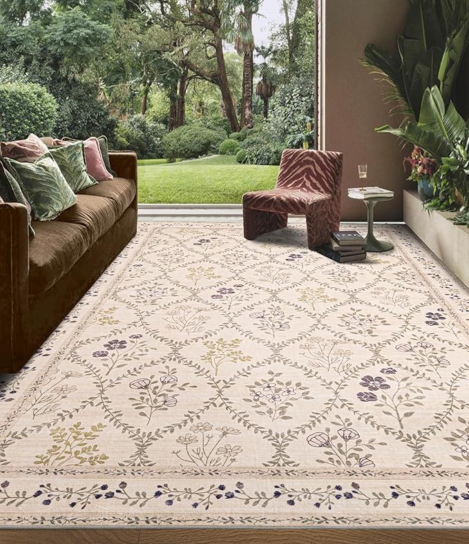 YIHOUSE 6x9 Washable Rug for Bedroom, Beige Floral Rugs for Living Room Non Slip Ultra-Thin Large Boho Rug for Kids Playroom, Classroom, Girls Dorm, Nursery, Beige Multi
