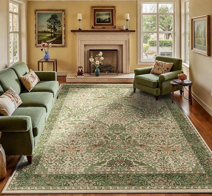 9x12 Floral Washable Area Rug for Living Room, Vintage Boho Large Rugs for Bedroom Dining Room, Botanical Birds Non Slip Low Pile Forest Throw Carpet for Farmhouse Office, Retro Pink/Green