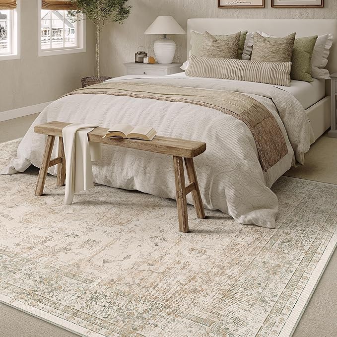 8x10 Washable Area Rug Beige Vintage Distressed Large Rug for Living Room Oriental Soft Thin Indoor Retro Carpet Non Slip Low Pile Floor Cover for Bedroom Dining Room Office Nursery