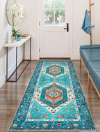 SERISSA Boho Kitchen Runner Rug, 3x7 Washable Non-Slip Runner Rug for Hallways Kitchen Rug, Ultra Soft Vintage Blue Print Distressed Tribal Floor Carpet Runner for Bedroom Entryway Laundry Room