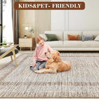 GarveeHome 10x13 Large Washable Geometric Area Rug Non Slip Non Shedding Floor Carpet, Modern Bordered Rug, Distressed Brown Rug, Indoor Printed Rug for Living Room, Bedroom, Office