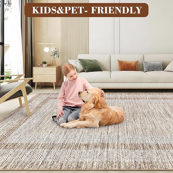 GarveeHome 10x13 Large Washable Geometric Area Rug Non Slip Non Shedding Floor Carpet, Modern Bordered Rug, Distressed Brown Rug, Indoor Printed Rug for Living Room, Bedroom, Office