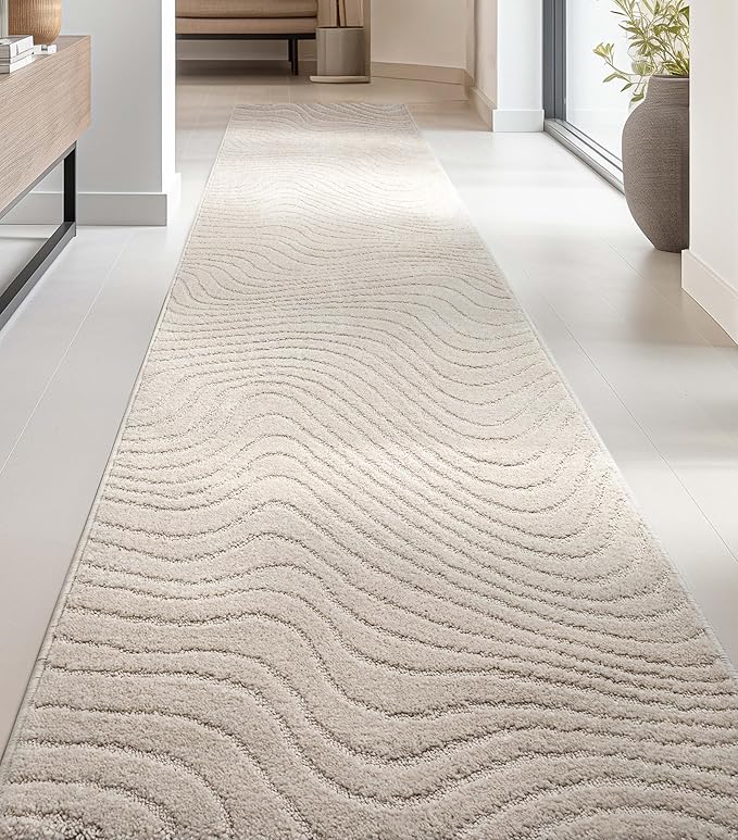 Well Woven Custom Size Hallway Stair Runner - Choose Your Length - 27 Inches Wide x 90 Feet Long Runner (27" x 90' Runner) Rug - Ivory Sibi Soft Touch, Modern Abstract - Hi-Lo Pile