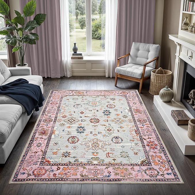 GLN Rugs Traditional Collection - Machine Washable Area Rug, Traditional Washable, Non Slip, Low Pile Chenille Rug, Living Room, Bedroom, Kitchen Rug (5' x 7' Pink/Blue/Multicolor)