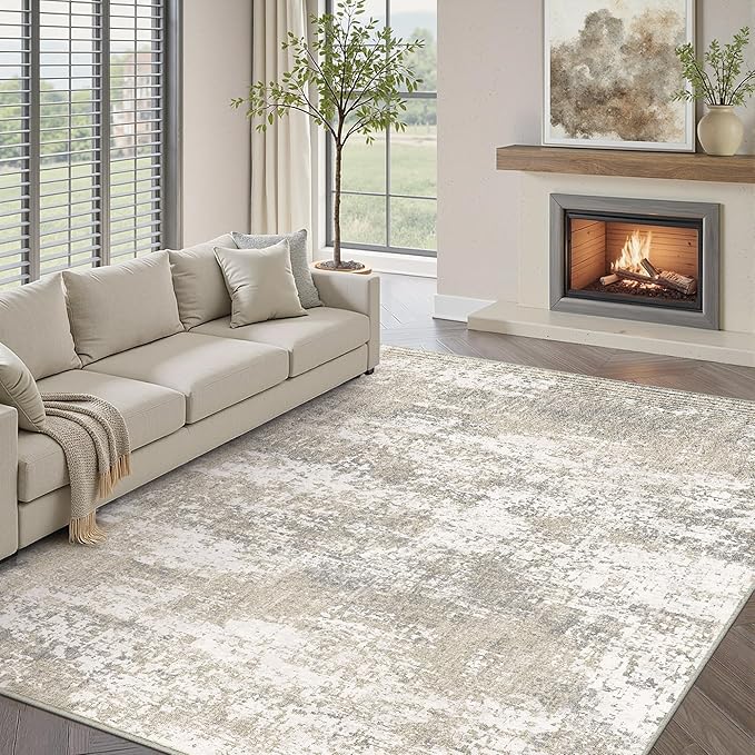 Modern Abstract Beige Gray Area Rug 6x9 Machine Washable Large Carpet Neutral Kitchen Indoor Accent Throw Low Pile Non Slip Distressed Living Dining Room Bedroom Office