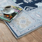 Fame Living Navy Blue Oushak Rug, Modern, Vintage, Turkish, Eclectic, Floral, Pastel, Washable, Oversized, Extra Large Area Rugs for Living Room, Dining, Bedroom, Lounge 9'5"x14'