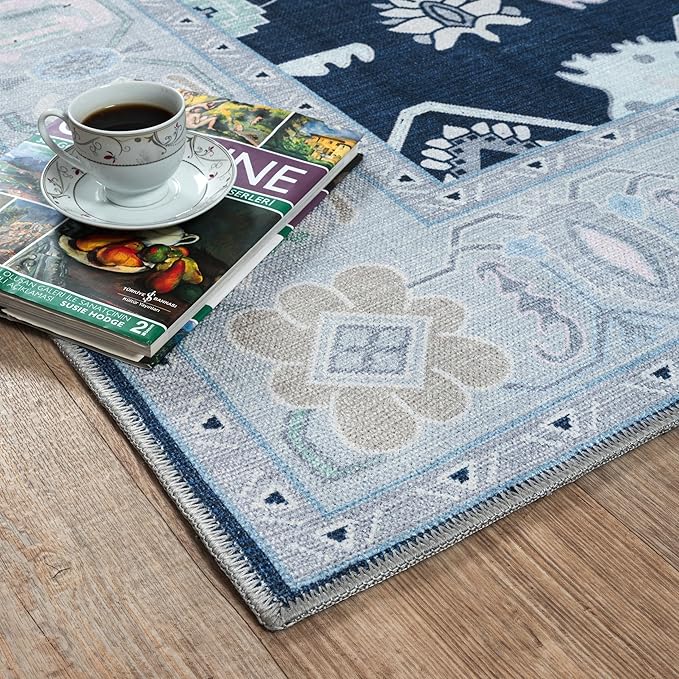 Fame Living Navy Blue Oushak Rug, Modern, Vintage, Turkish, Eclectic, Floral, Pastel, Washable, Area Rugs for Living Room, Dining, Bedroom, Office, Entryway, Foyer, Playroom, Nursery, 5'x6'9"