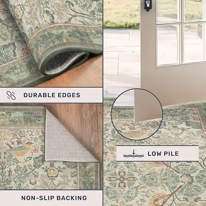 12ft Extra Long Vintage Runner Rugs for Hallways - 3x12 Wide Kitchen Runners, Entryway Rug, Sage Boho Design with Flowers and Leaves, Washable Non Slip Low Pile