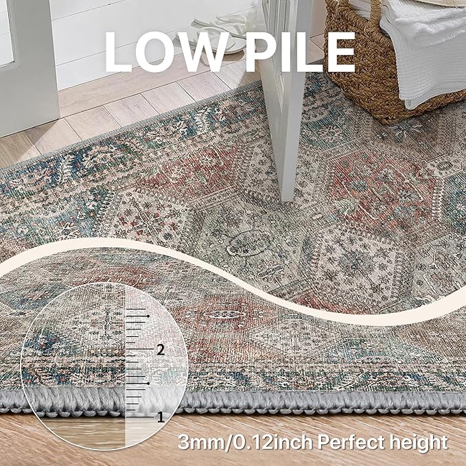 Bavni 3x5 Area Rugs for Living Room, Machine Washable Rug Non Slip, Vintage Chenille Distressed Print Carpet, Large Low Pile Ultra-Thin Lightweight Rugs for Bedroom, Dining Room, Home, Office, Red