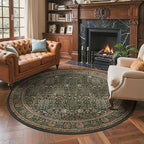 Bavni Round Rug 8ft-Machine Washable Area Rugs Non-Slip for Bedroom, 8x8 Vintage Floral Rug Distressed Throw Carpet for Living Room Nursery Kitchen Bathroom, Dark Green/Multi