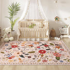 Living Room Rug 8x10 Rug Machine Washable Boho Area Rug Non Slip Floral Vintage Low Pile Large Rugs for Living Room, Bedroom, Farmhouse, Dining Room (Beige)
