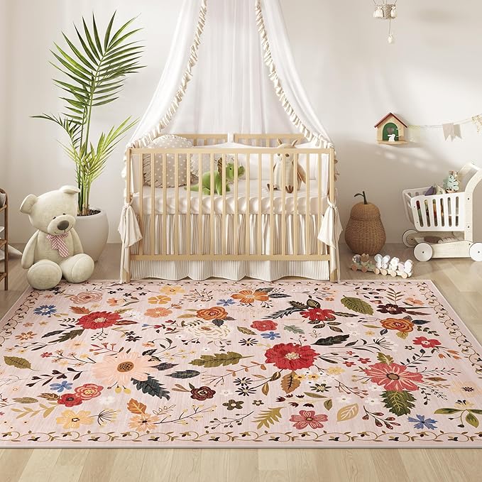 Living Room Rug 6x9 Rug Machine Washable Boho Area Rug Non Slip Floral Vintage Low Pile Large Rugs for Living Room, Bedroom, Farmhouse, Dining Room (Beige)