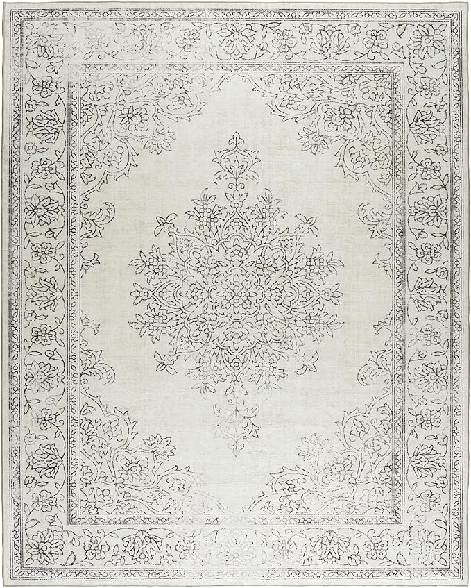 ReaLife Rugs Machine Washable Area Rug - Living Room Bedroom Bathroom Kitchen Entryway Office - Padded Low Pile Stain Resistant Premium - Boho Farmhouse Vintage - Paige - Ivory 5' x 7'