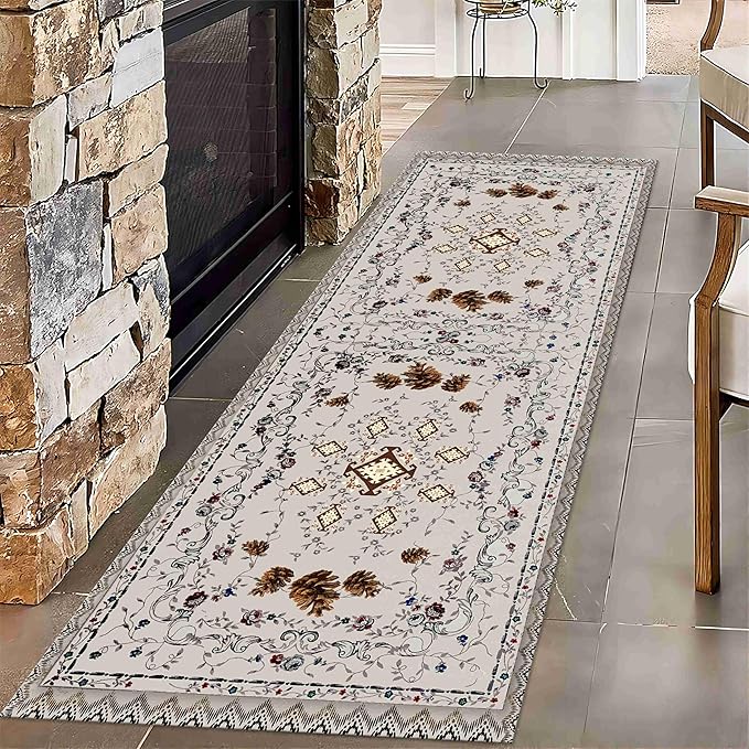 Floral Runner Rug, 4x10ft, Bohemian Vintage Distressed Floral Pineal Rug for Kitchen, Non-Slip No Shedding, Soft Low Pile Indoor Room Grey Rug for Laundry, Washable Rug for Hallway Bathroom
