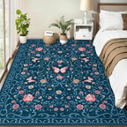 GarveeHome Area Rugs 9x12 Living Room Floral Rugs Non Slip Washable Large Bedroom Throw Carpet Stain Resistant Low Pile Blue Bow Rugs Soft Boho Bow and Flower Carpets for Nursery Home Decor, 9x12