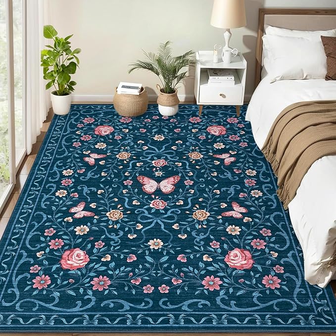 GarveeHome Area Rugs 9x12 Living Room Floral Rugs Non Slip Washable Large Bedroom Throw Carpet Stain Resistant Low Pile Blue Bow Rugs Soft Boho Bow and Flower Carpets for Nursery Home Decor, 9x12