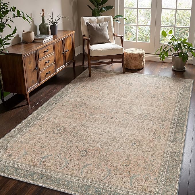 8x10 Area Rug Machine Washable Boho Rug for Living Room,Ultra-Thin Low Pile Carpet,Lightweight Indoor Printed Rug,Non Slip Floral Area Rug for Bedroom, Dining Room, Home Office,Light Beige