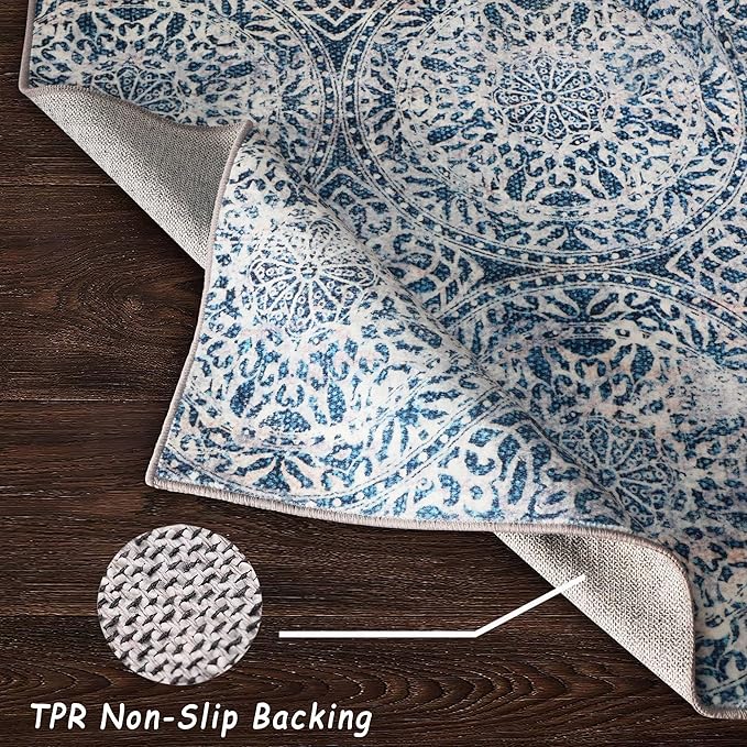 vivorug 9x12 Area Rugs for Living Room, Non Slip Machine Washable Vintage Blue Rug, Ultra-Thin Lightweight Large Area Rug for Bedroom, Dining Room, Low Pile Rug