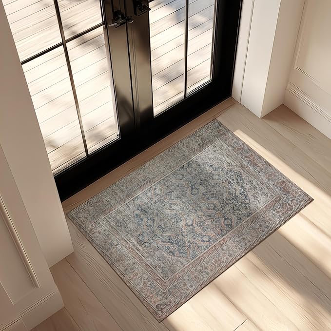 Kuden 3x5 Small Rug, Machine Washable, Non-Slip Backing, Vintage Style, Soft, Low Pile, Area Rugs for Entryway Kitchen Indoor Entrance