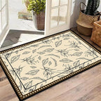Medieval French Style Area Rugs 4x5ft, Off-White Botanical Leaf Pattern Rug, Low Pile Carpet, Washable & Non-Slip for Living Room, Bedroom, Dining Room, Dorm