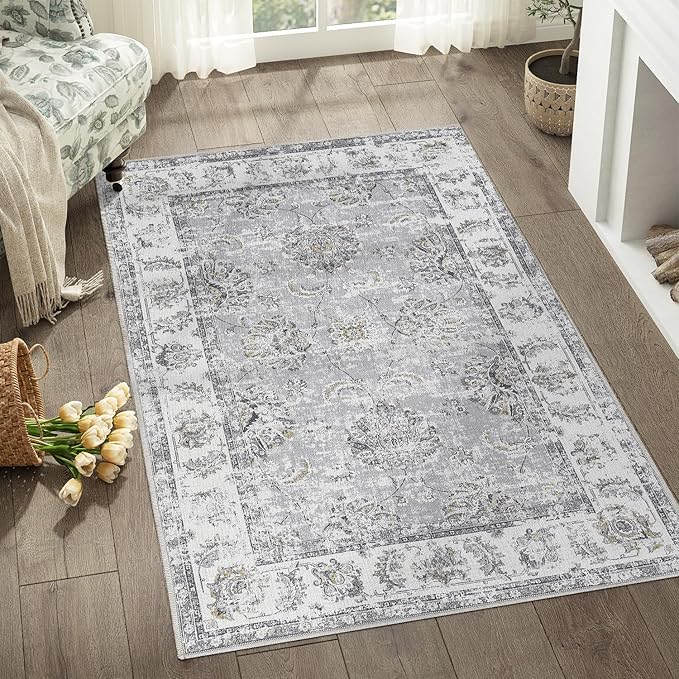 jinchan Fiora Floral 3x5 Area Rugs for Entryway - Machine Washable Taupe Vintage Distressed Design Doormat Non-Slip Ultra-Thin Low Pile Boho Rug for Kitchen Living Room Bedroom Farmhouse (3‘x5', Grey)