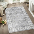 jinchan Fiora Floral 3x5 Area Rugs for Entryway - Machine Washable Taupe Vintage Distressed Design Doormat Non-Slip Ultra-Thin Low Pile Boho Rug for Kitchen Living Room Bedroom Farmhouse (3‘x5', Grey)
