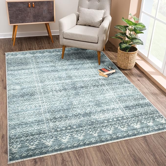 Bloom Rugs Washable Non-Slip 10x14 Rug - Teal/Ivory Geometric Area Rug for Living Room, Bedroom, Dining Room, and Kitchen - Exact Size: 10' x 14'