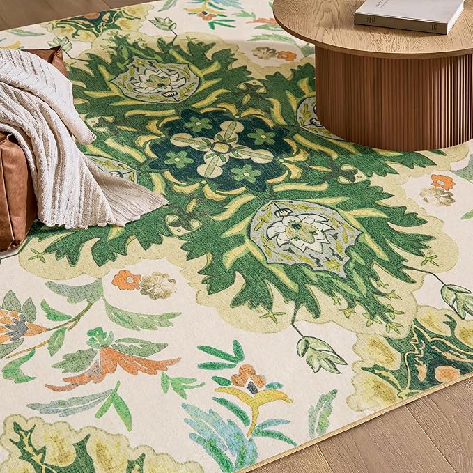 Phantoscope Washable Area Rug 6'x9' Non-Slip, Vintage Boho Rugs for Living Room, Bedroom, Dining Room, Neutral Green Floral Medallion Pattern, Low-Pile Foldable Floor Carpet, Forest Green/Cream