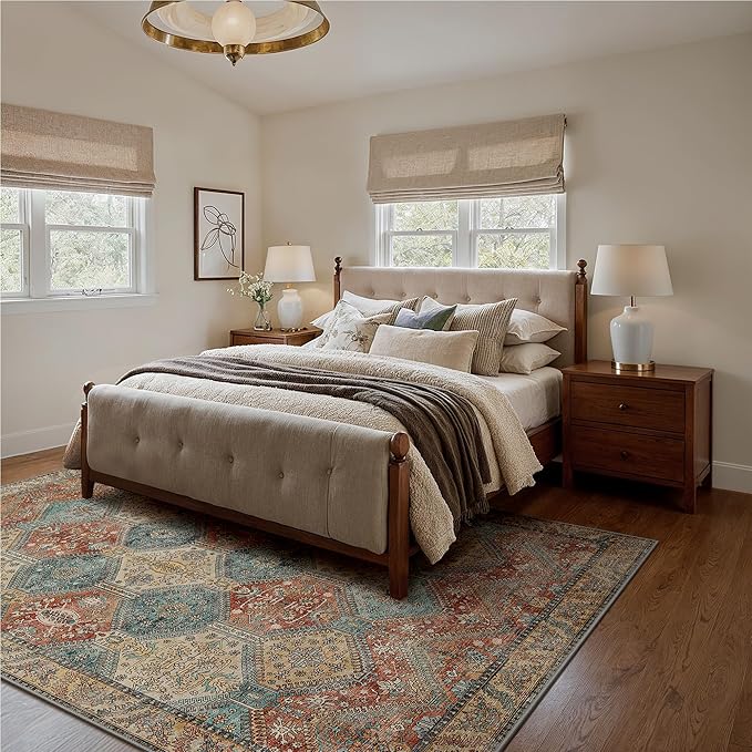 Bavni 8x10 Area Rugs for Living Room, Machine Washable Rug Non Slip, Vintage Chenille Distressed Print Carpet, Large Low Pile Ultra-Thin Lightweight Rugs for Bedroom, Dining Room, Office, Blue/Tan/Red