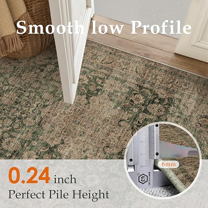10x12 Vintage Area Rug Green Brown Living Room Bedroom Washable Carpet Non-Slip Soft Low Pile Distressed Indoor Large Throw Rug for Dining Room Office