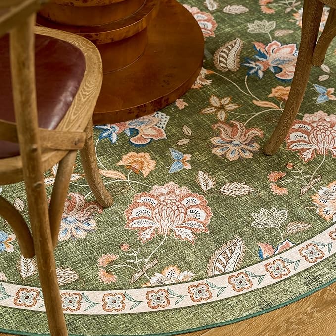 jinchan Elora Floral Corner Rug for Kitchen Washable Nursery Rug Vintage Romance Design Non Slip Quarter Circle Lightweight Low-Pile Throw Carpet for Playroom Reading Nook Office, 5ft Radius, Green