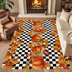 Pumpkin Area Rugs, 3x4ft, Fallen Leaves Autumn Harvest Pumpkins Black and White Checkered Rug, Ultra-Thin Rubber Non Slip Geometric Carpet for Living Room Playroom