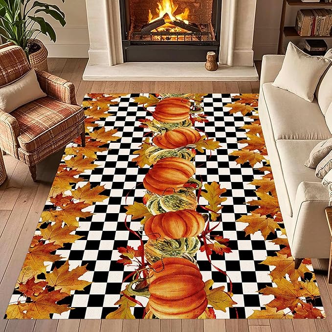 Pumpkin Area Rugs, 4x5ft, Fallen Leaves Autumn Harvest Pumpkins Black and White Checkered Rug, Ultra-Thin Rubber Non Slip Geometric Carpet for Living Room Playroom