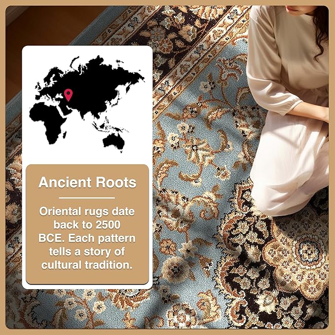 Well Woven Barclay Collection Medallion Kashan Light Blue 5x7 Area Rug - for Living Room, Bedroom, and Dining Room
