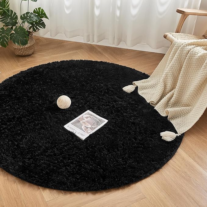 Andency Black Round Area Rug for Bedroom, Soft Shag Circle Rug 4x4 for Room, Fluffy Faux Fur Carpet for Home Decor, Circular Fuzzy Plush Rug for Living Room Playroom