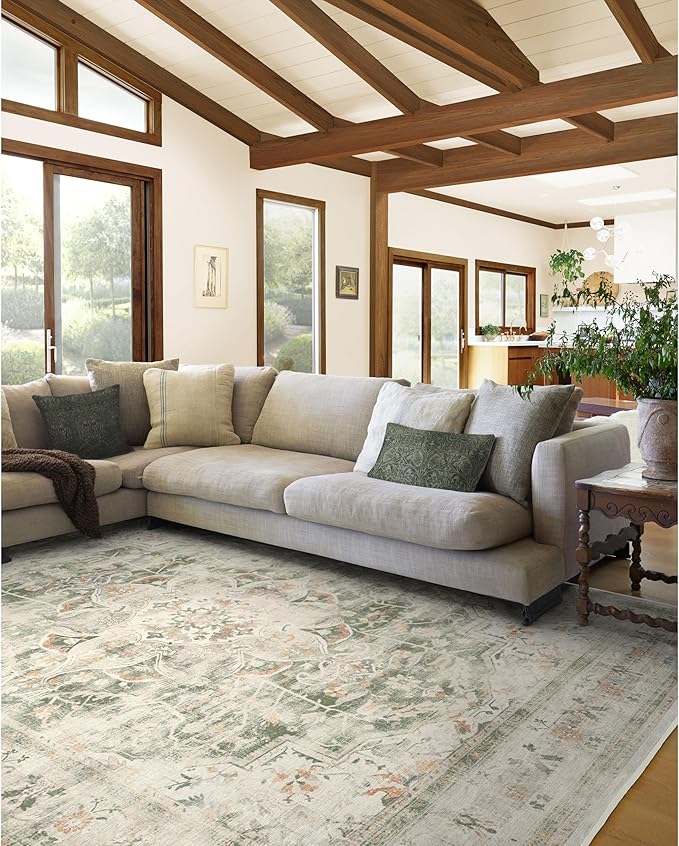 RUGGABLE Washable Vintage Area Rug – Sarrah Sage 10x14, Stain-Resistant, Non-Slip – Large Machine Washable Rugs for Living Room, Bedroom, Hallway, Entryway & Office–with Cushioned Pad