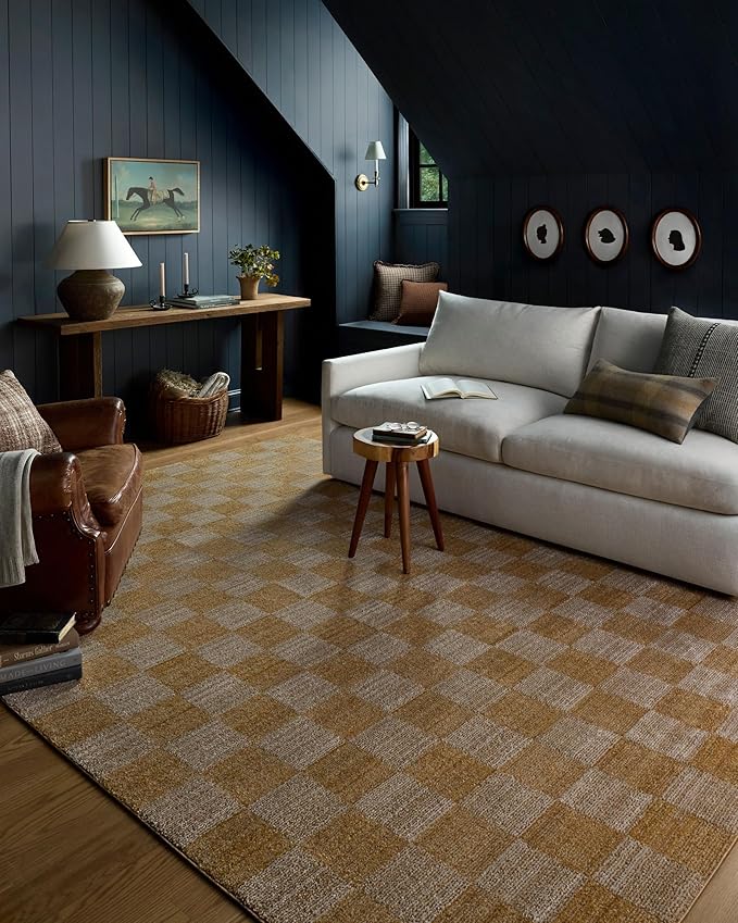 Loloi Chris Loves Julia Calvin Collection CLV-01 Apricot/Ivory 3'-6" x 5'-6" Accent Rug Checkered Neutral Soft Living Room Bedroom Carpet