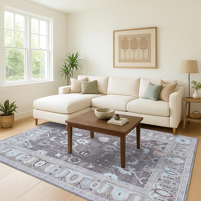 Brown Oushak Rug, Modern, Vintage, Turkish, Eclectic, Floral, Pastel, Washable, Large Area Rugs for Living Room, Dining, Bedroom, Girls, Boys, 7'5"x9'8"