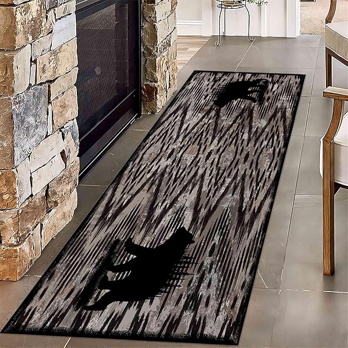 Rustic Cabin Runner Rug, 2x6ft, Vintage Lodge Wood Grain Wild Animal Black Bear Print Long Hallway Rug, Non-Slip Washable Carpet with Rubber Backing for Hallway Walkway Entry Foyer