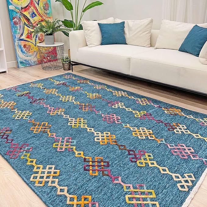 Alfa Rich 5x8 Moroccan Blue Washable Area Rugs for Living Room Bedroom Kitchen Decor Cotton Rug